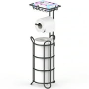stusgo Upgraded Toilet Paper Holder Free Standing, Upgraded Portable Stainless Steel Toilet Paper Roll Storage Rack, Toilet Paper Roll Dispenser with Top Storage Shelf for Bathroom (Black)