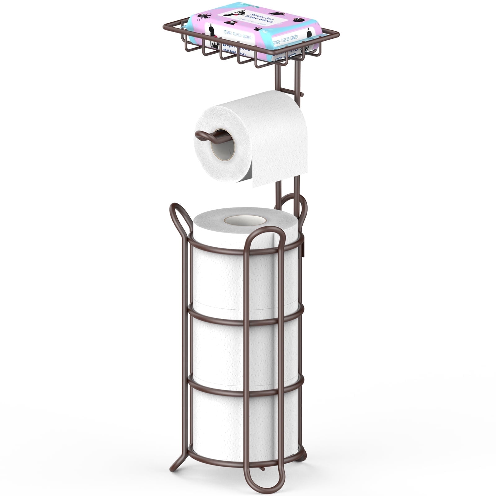 stusgo Upgraded Toilet Paper Holder Free Standing, Upgraded Portable Stainless Steel Toilet Paper Roll Storage Rack, Toilet Paper Roll Dispenser with Top Storage Shelf for Bathroom (Bronze)