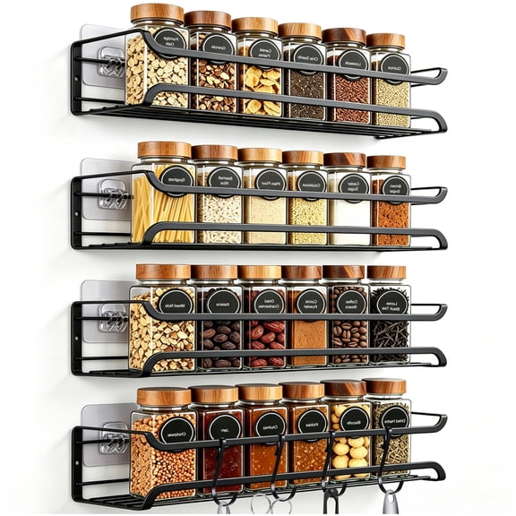 stusgo 4-Tier Spice Rack Organizer for Cabinet Door, Wall Mount with Adhesive or Screws, Black