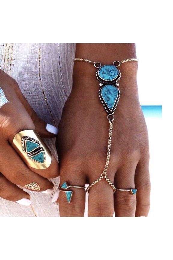 style Alloy Finger Ring Bracelets for Women Oval & Teardrop with Turquoise Bead Silver 6-1/2 inch(16.5cm)