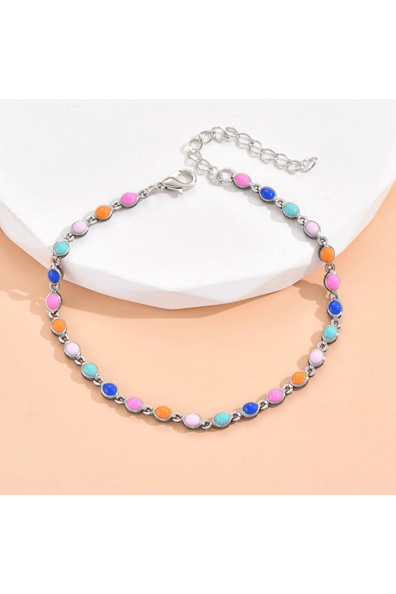 style Brass Enamel Oval Link Anklets Platinum Colorful 8-1/4 inch(210mm)