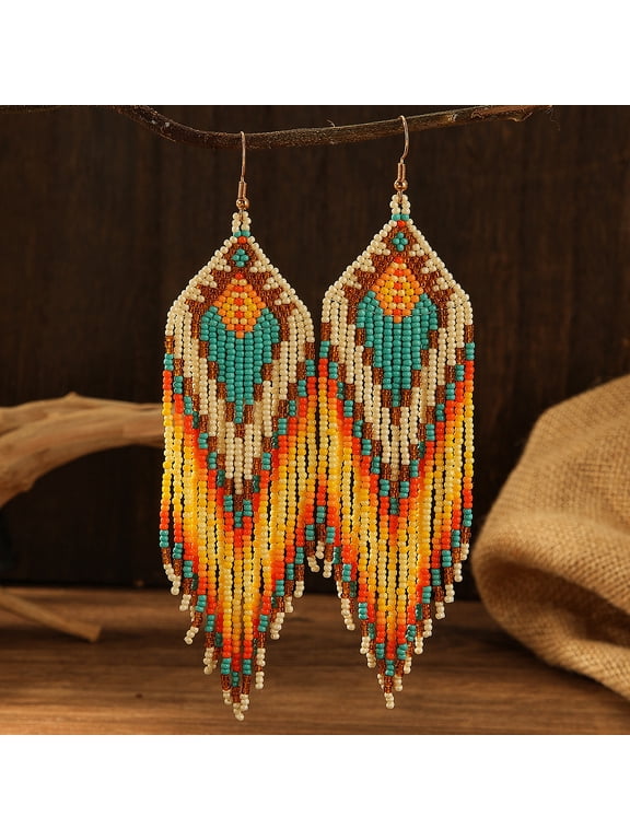 style Geometric Glass Seed Bead Handmade Tassel Dangle Earrings for Women
