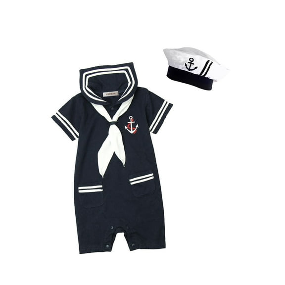 stylesilove Baby Boy Marine Sailor Costume Short Sleeve Romper Onesie With Hat 2 Pcs Set (Navy Blue, 80/6-12 Months)