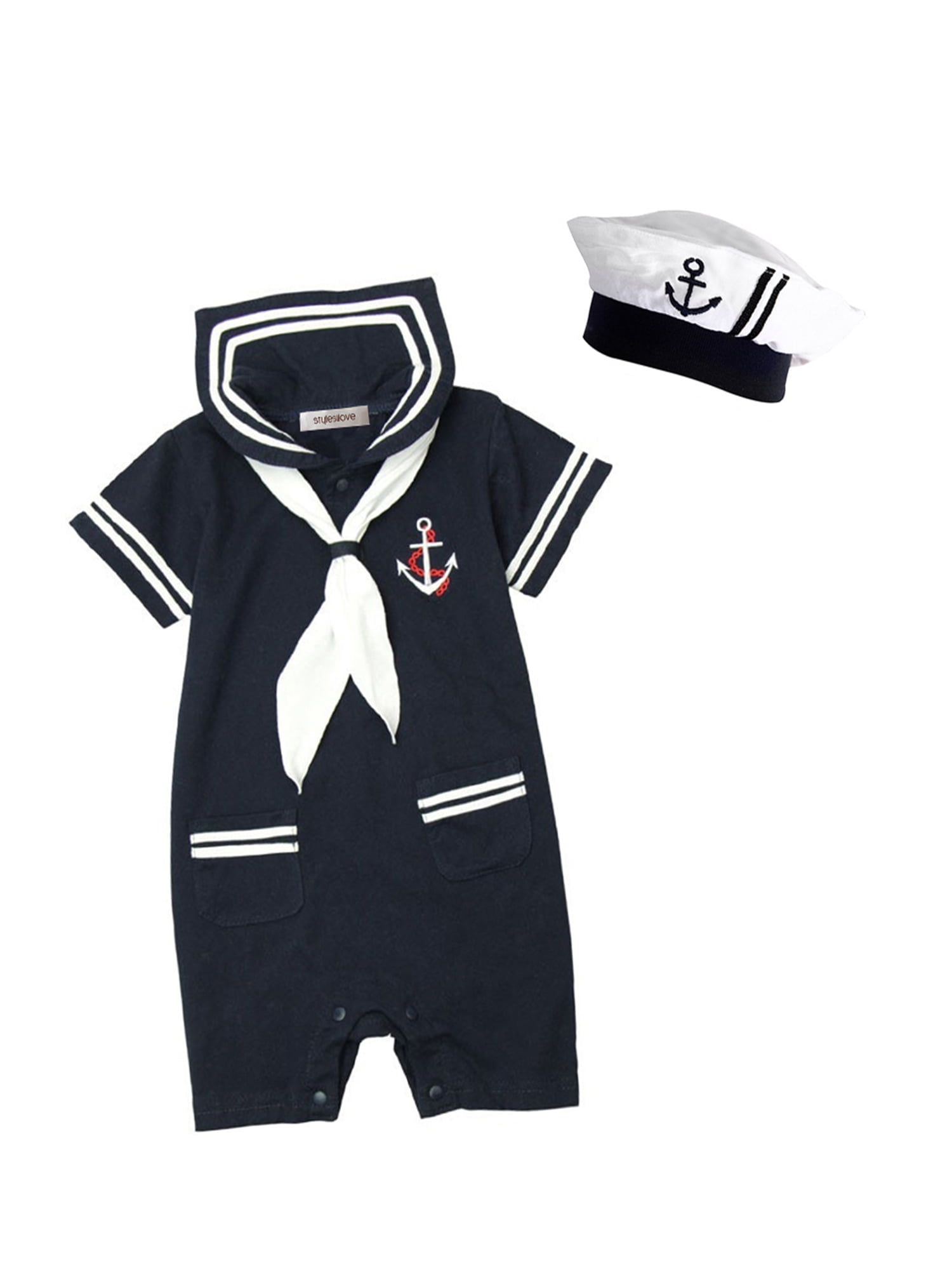 stylesilove Baby Boy Marine Sailor Costume Short Sleeve Romper Onesie With Hat 2 Pcs Set (Navy Blue, 95/18-24 Months)