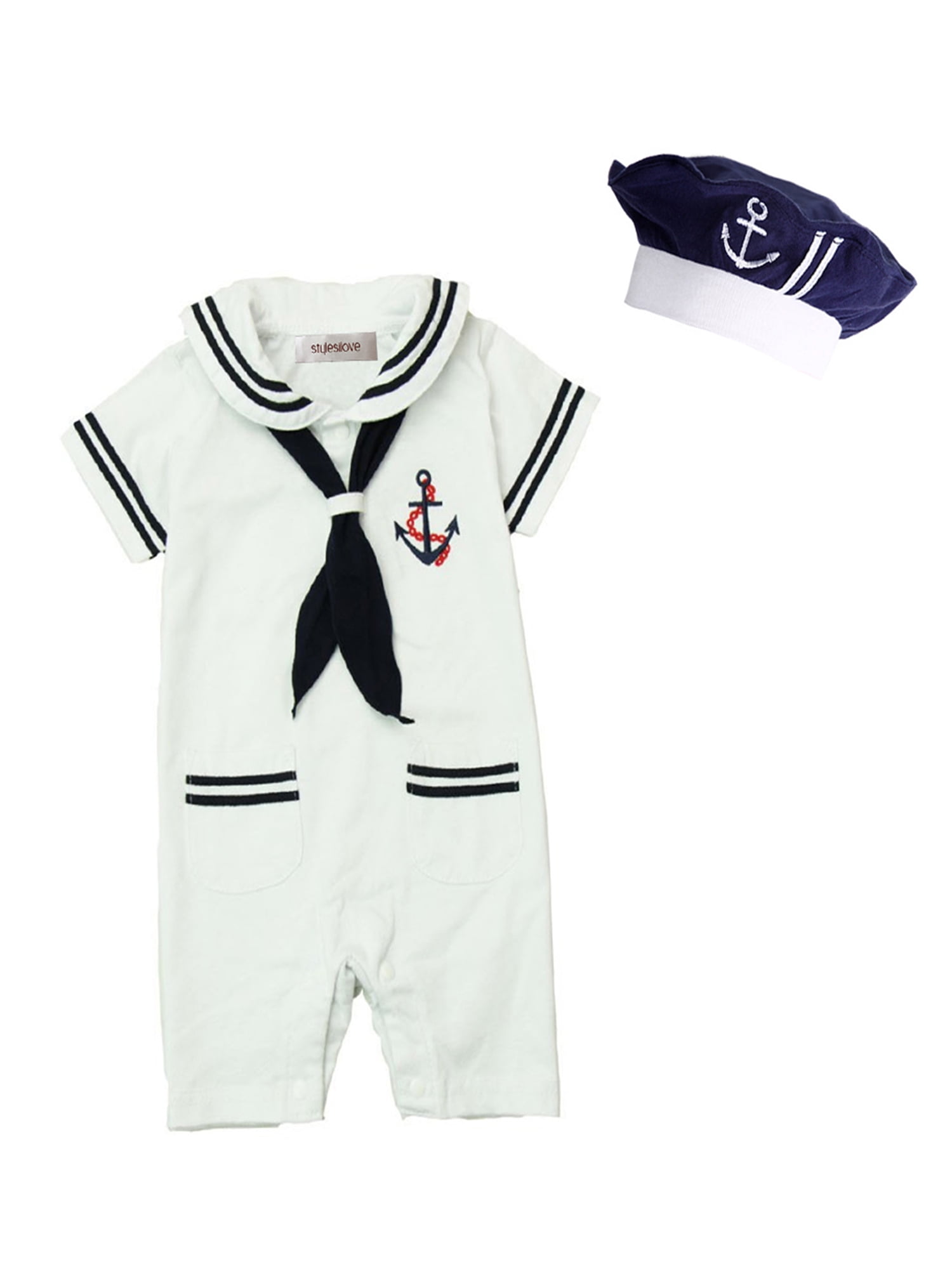 stylesilove Baby Boy Marine Sailor Costume Short Sleeve Romper Onesie With Hat 2 Pcs Set (White, 90/12-18 Months)