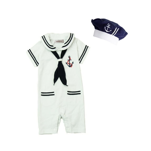 stylesilove Baby Boy Marine Sailor Costume Short Sleeve Romper Onesie With Hat 2 Pcs Set (White, 90/12-18 Months)