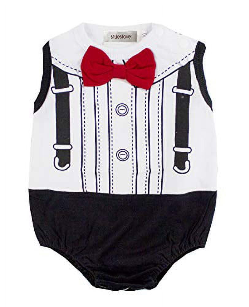 stylesilove Baby Boy Tuxedo Print Creeper with 3D Bowtie (100/1824