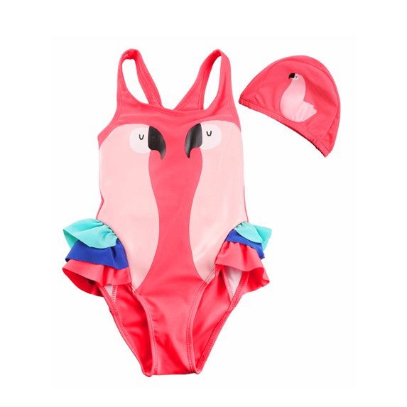 stylesilove Baby Girl Swan Parrot Ruffled Tank Style One-Piece Swimsuit With Hat 2 Pcs Set (Parrot Coral, 110/5)