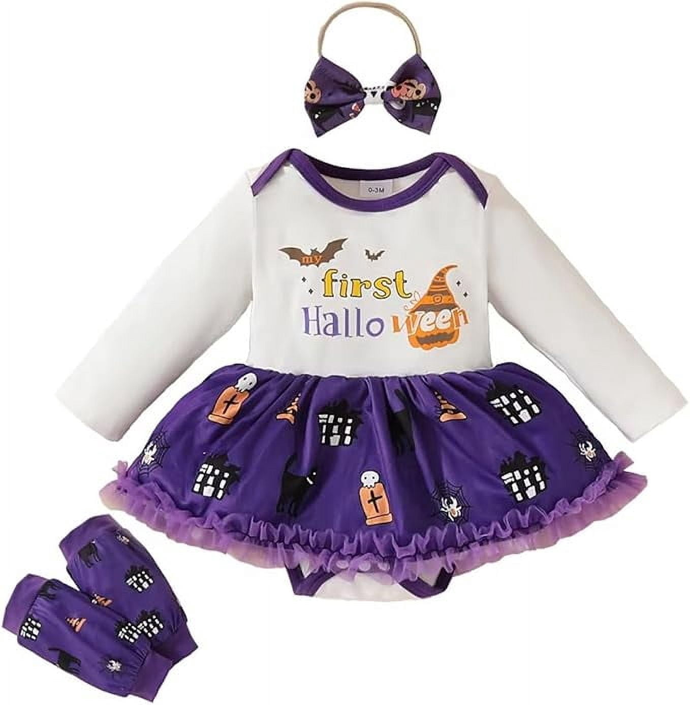 stylesilove Baby Girls My 1st Halloween White Spooky Long Sleeve Romper Dress with Purple Leg Warmers, and Bow Headband 4pcs Outfit (9 Months)