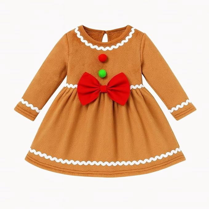 stylesilove Baby Toddler Girl Gingerbread Fleece Long Sleeve Holiday Dress with Red Bow Pom Pom Details Brown Christmas Outfit (24 Months)