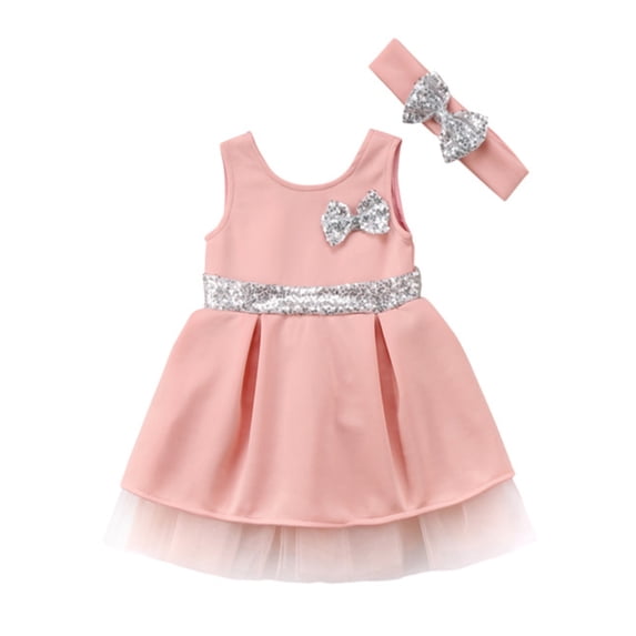 stylesilove Baby Toddler Girl Sleeveless Sequin Bowknot Princess Dress With Headband 2 Pcs Set (80/6-12 Months, Pink)