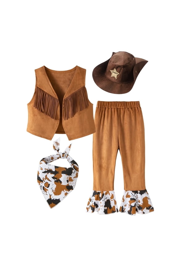 Baby Toddler Girls Brown Fringe Vest, Pants, Bandana and Hat 4pcs Western Cowgirl Clothing Set (6)