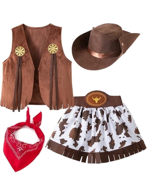 Baby Toddler Girls Brown Fringe Vest, Skirt, Bandana and Hat 4pcs Western Cowgirl Clothing Set (Brown, 5-6 Years)
