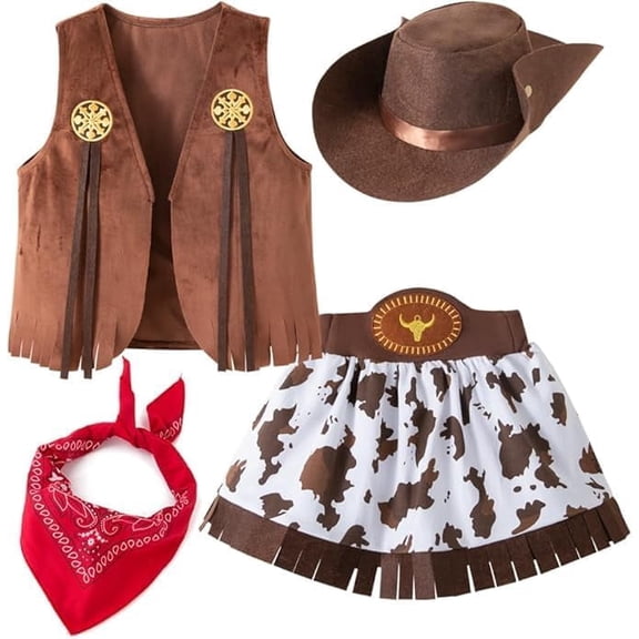 stylesilove Baby Toddler Girls Brown Fringe Vest, Skirt, Bandana and Hat 4pcs Western Cowgirl Clothing Set (Brown, 6-12 Months)