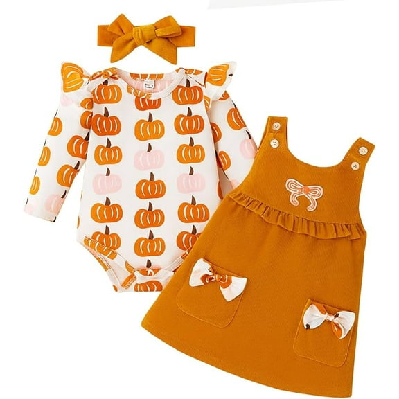 stylesilove Baby Toddler Girls Harvest Pumpkin Bodysuit, Orange Corduroy Suspender Dress, Headband 3-Piece Fall Outfit (9-12 Months)