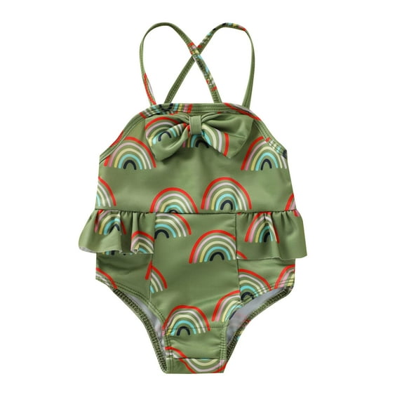 stylesilove Baby Toddler Girls Rainbow Print One-Piece Swimsuit Ruffle Crisscross Back Bathing Suit Beach Swimwear (24 Months, Green)