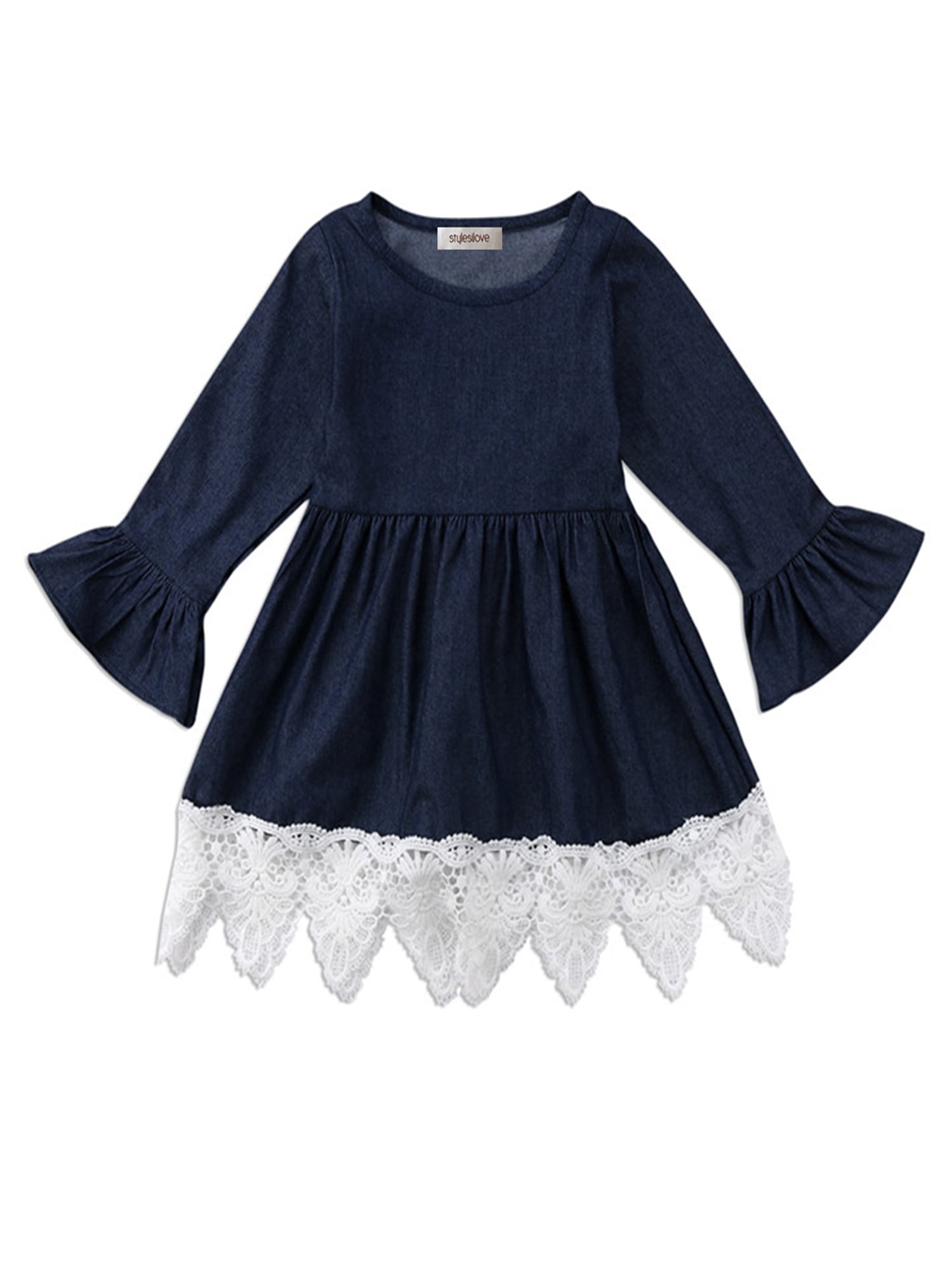 stylesilove Cute Denim Bell Sleeve Lace Trim Kids Girl Dress (130/6-7  Years) - Walmart.com