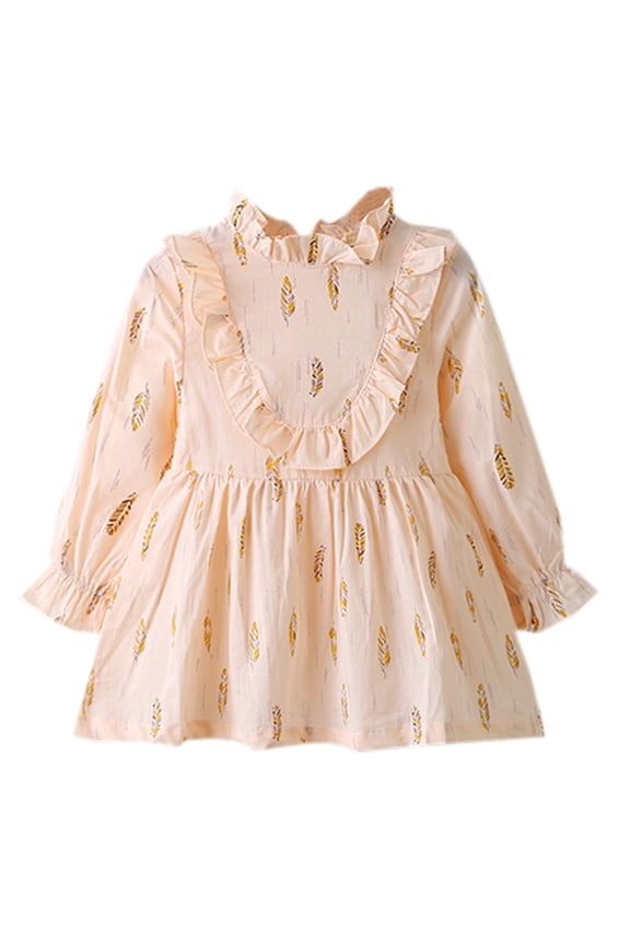 Feather Print Little Girls Ruffle Neck Long Sleeve Cotton Blouse (140/6-7 Years, Pink)