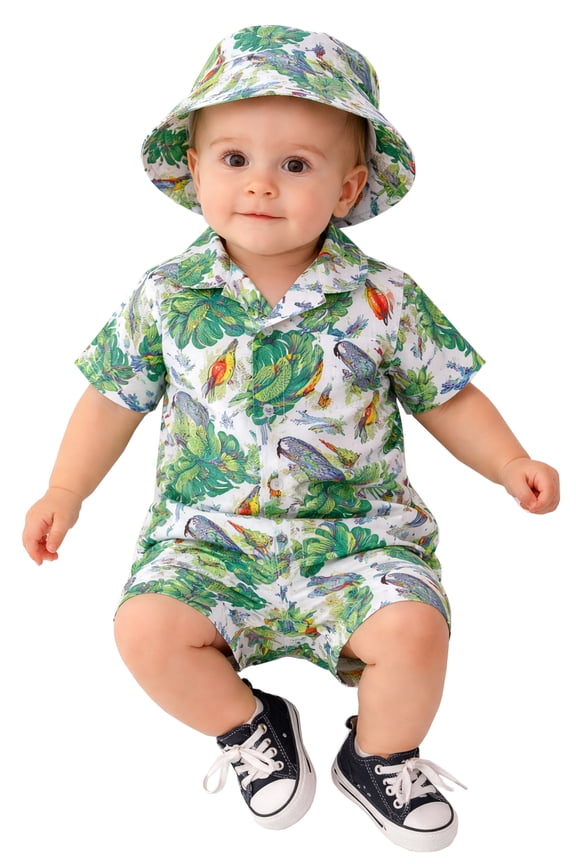 Infant Baby Boys Green Tropical Parrot Print Short Sleeve Romper with Hat 2-Piece Summer Outfit (Green, 12-18 Months)