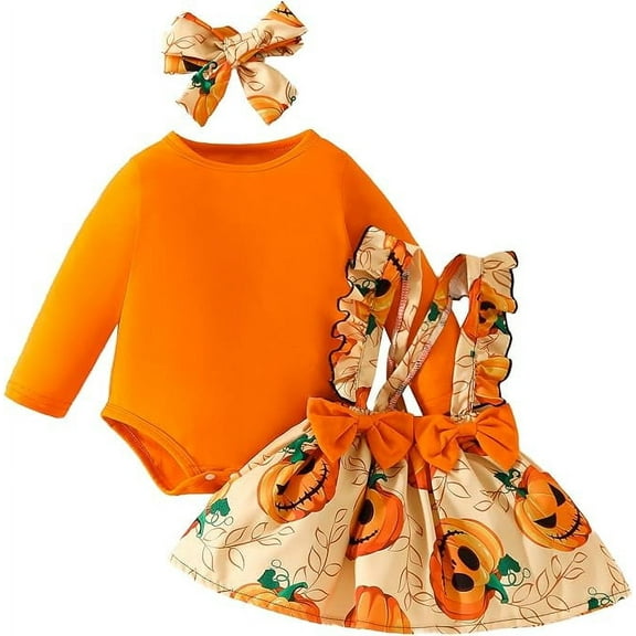 stylesilove Infant Baby Girl Orange Long Sleeve Romper Pumpkin Print Overall Dress with Headband 3pcs Halloween Outfit (9-12 Months)