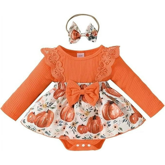stylesilove Infant Baby Girl Orange Pumpkin Long Sleeve Lace Romper Dress & Bow Headband 2pcs Halloween Clothing Set (12 Months)