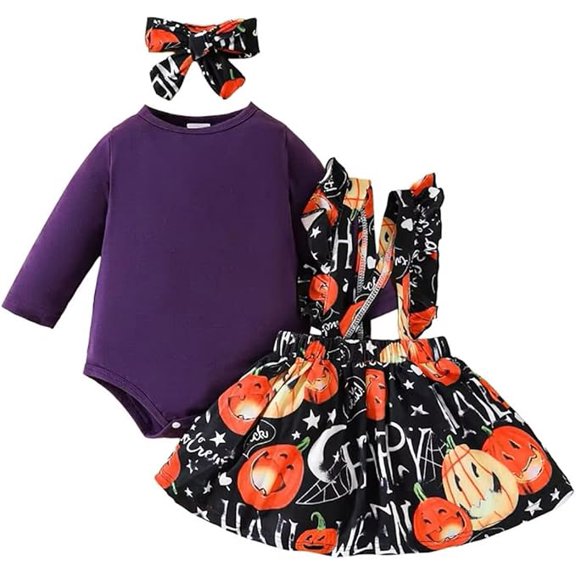 stylesilove Infant Baby Girl Purple Long Sleeve Romper Spooky Pumpkin Print Overall Dress with Headband 3pcs Halloween Outfit (3 Months)