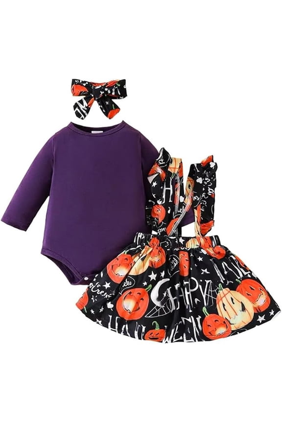 Infant Baby Girl Purple Long Sleeve Romper Spooky Pumpkin Print Overall Dress with Headband 3pcs Halloween Outfit (3 Months)