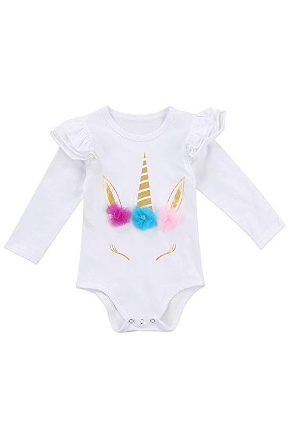 Infant Baby Girl Unicorn 3D Ruffle Shoulder Long Sleeve Cotton Bodysuit