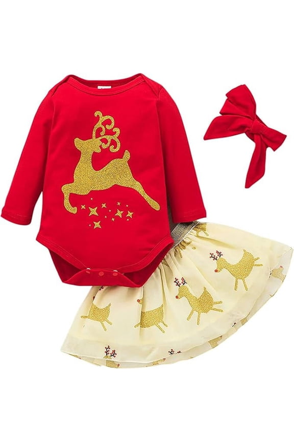 Infant Baby Girls Christmas Metallic Reindeer Long Sleeve Cotton Bodysuit, Skirt and Headband 3pcs Set Holiday Outfit (6 Months)