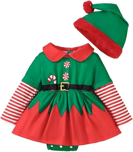 stylesilove Infant Baby Girls Green Elf Long Sleeve Romper Dress with Matching Hat 2pcs Christmas Holiday Outfit (12 Months)