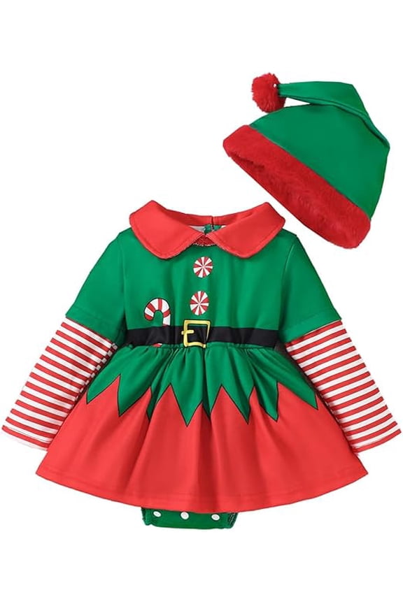 Infant Baby Girls Green Elf Long Sleeve Romper Dress with Matching Hat 2pcs Christmas Holiday Outfit (12 Months)