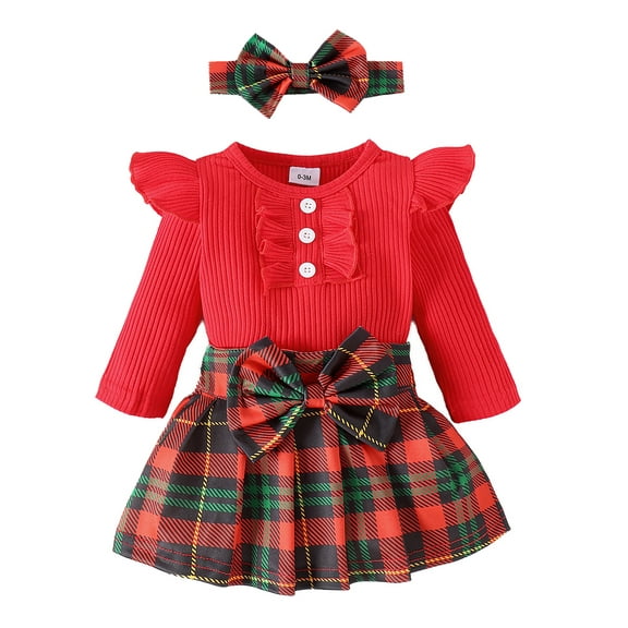 stylesilove Infant Baby Girls Ribbed Long Sleeve Cotton Bodysuit, Plaid Skirt & Headband 3pcs Christmas Holiday Outfit (Red, 6-9 Months)