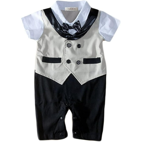 stylesilove Infant Toddler Baby Boy Glossy Lapel Double Breasted Tuxedo Onesie (90/12-18 Months, Khaki)