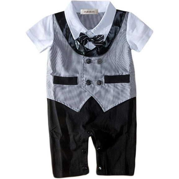 stylesilove Infant Toddler Baby Boy Glossy Lapel Double Breasted Tuxedo Onesie (95/18-24 Months, Grey)