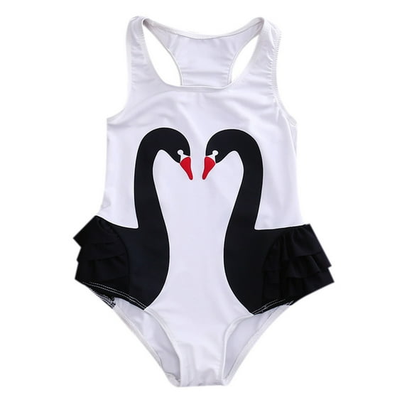 stylesilove Kid Girl One Piece Swan Print Ruffle Swimsuit Beachwear Bathing Suit (3T, White)