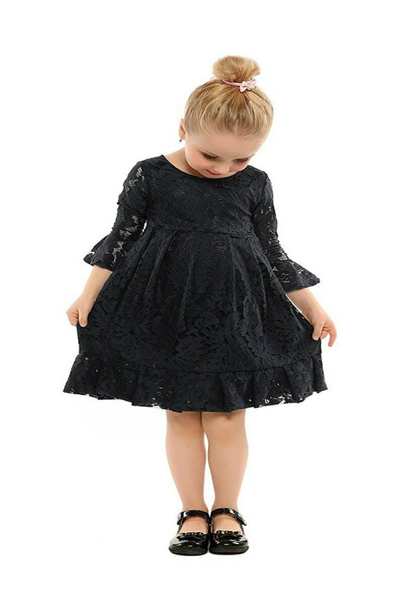 Kids Girl Long Sleeve Cuffs Princess Lace Dress (140/7-8 Years, Black)