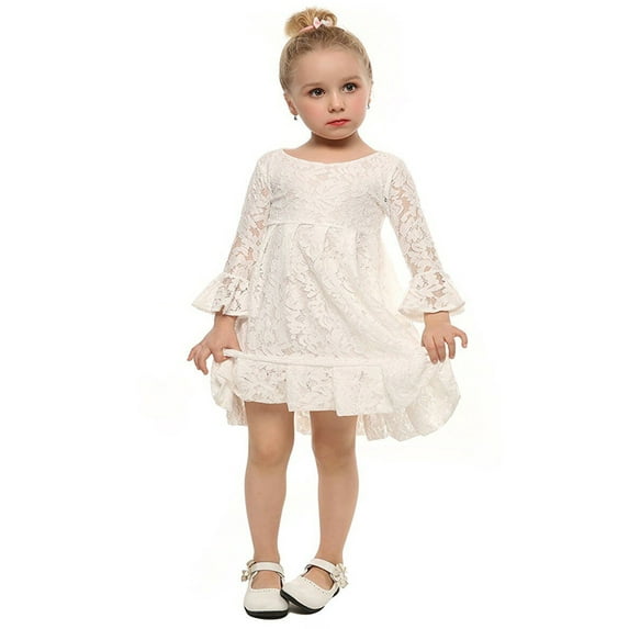 stylesilove Kids Girl Long Sleeve Cuffs Princess Lace Dress (140/7-8 Years, White)