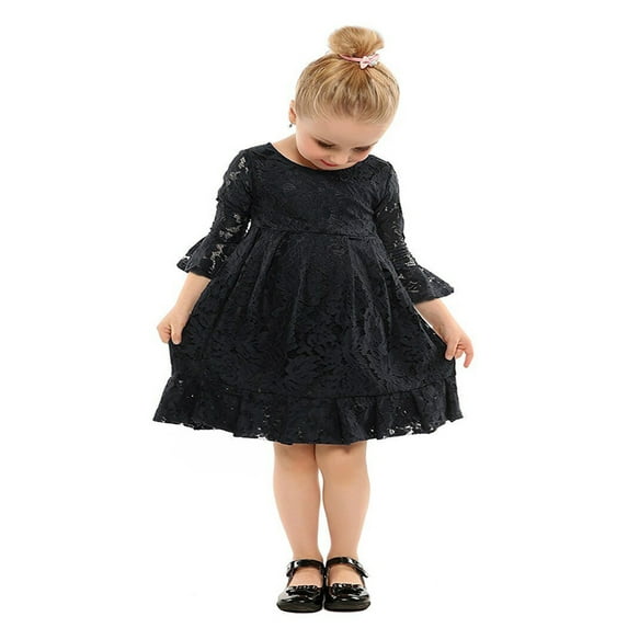 stylesilove Kids Girl Long Sleeve Cuffs Princess Lace Dress (150/8-9 Years, Black)