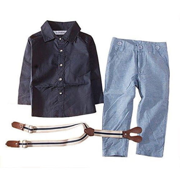 stylesilove Little Boy Long Sleeve Button Down Shirt, Suspender Straps and Pants 3-pc Formal Outfit