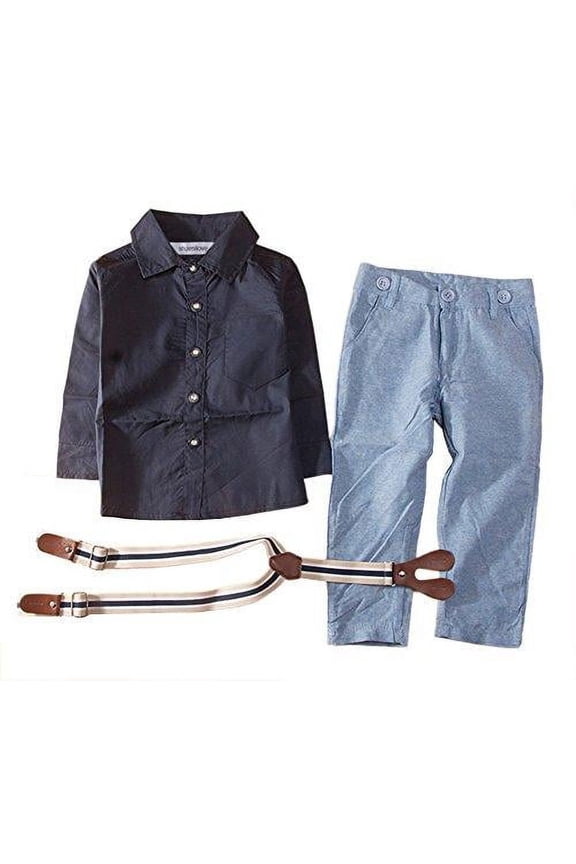 Little Boy Long Sleeve Button Down Shirt, Suspender Straps and Pants 3-pc Formal Outfit