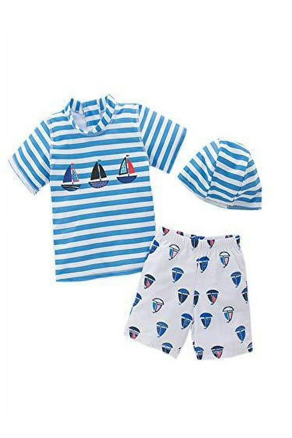 Little Boys Stripe Boats Rash Guard and Shorts with Swim Hat 3pcs Swimsuit Beach Swimwear