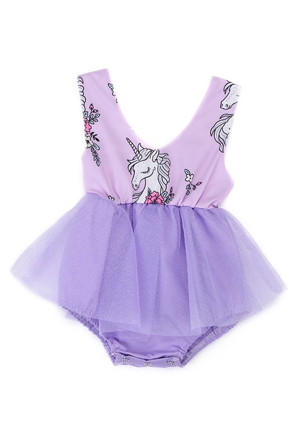 Newborn Baby Girl Unicorn Print Sleeveless Romper Tutu Dress (70/Newborn, Purple)
