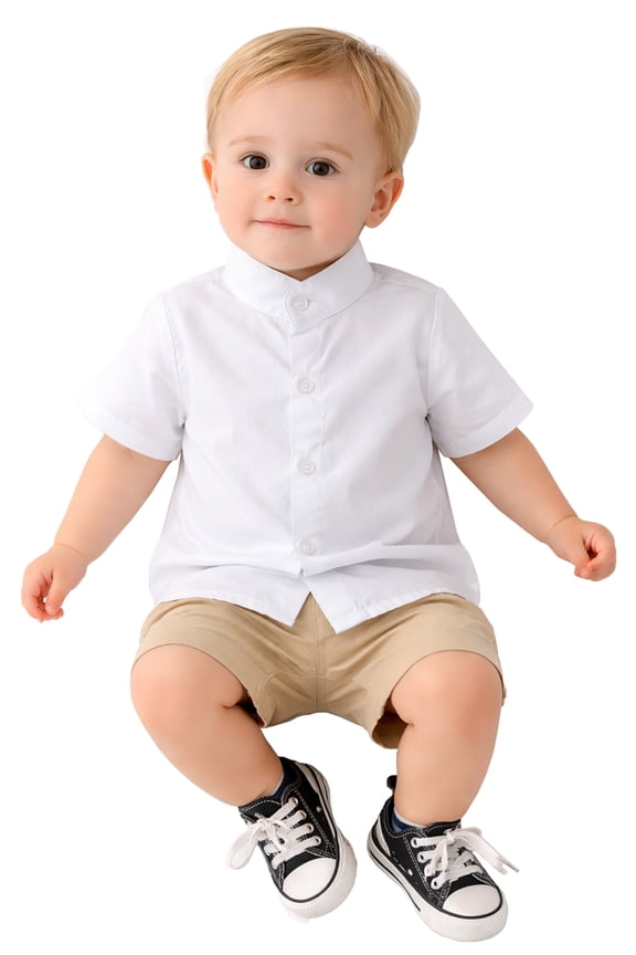 Toddler Boys Band Collar Short Sleeve White Cotton Button Down Shirt for Casual, Formal Event, Special Occasions (5 Years)