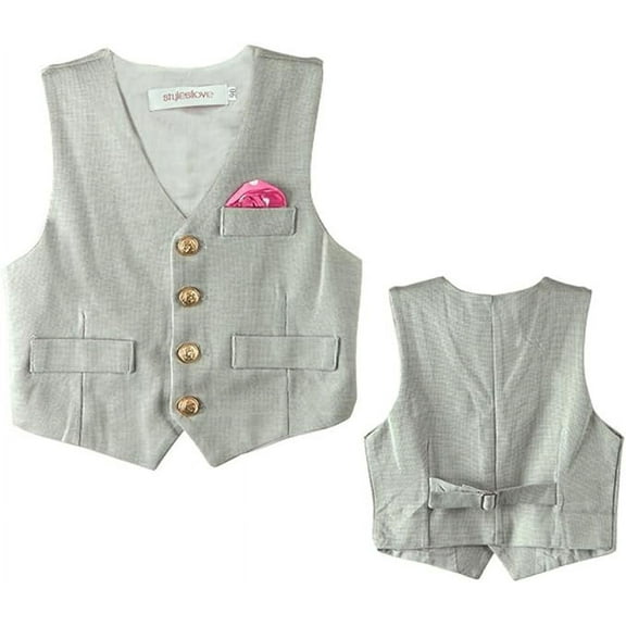 stylesilove Toddler Boys Gold Buttons Tuxedo Suit Vest with Faux Pocket Square for Casual and Formal Event (140/6-7 Years, Grey)