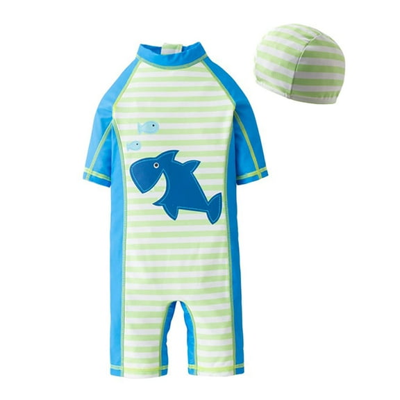 stylesilove Toddler Kid Boys Whale Shark Printed One-Piece Short Sleeve Zipper Rash Guard & Swim Hat 2pcs Striped Swimsuit Pool Beach Bathing Suit (4T) Blue
