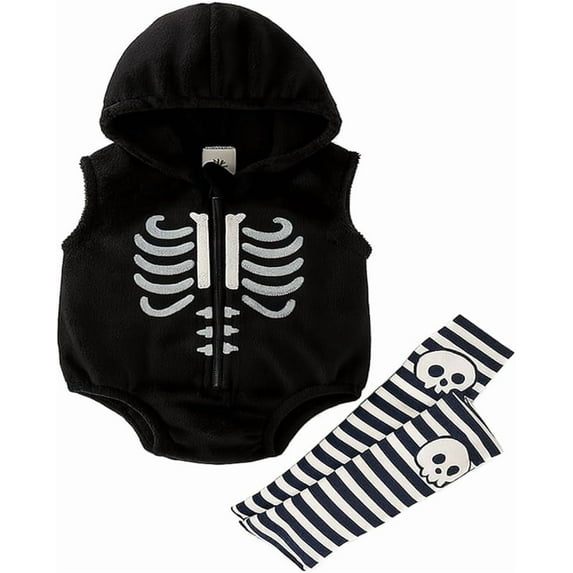 stylesilove Unisex Baby Boy & Girl Skeleton Fleece Black Hooded Jumpsuit with Striped Leg Warmers 3pcs Fall Festival Outfit (6-12 Months)