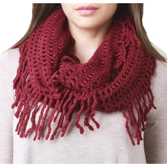 stylesilove Women Cozy Knit Tassel Infinity Loop Scarf - Burgundy