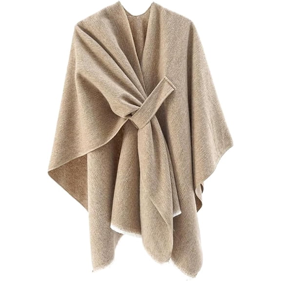 stylesilove Women Elegant Solid Color Fringe Poncho Open Front Shawl Cape Ultra Warm Wrap for Autumn Winter Season (Beige)