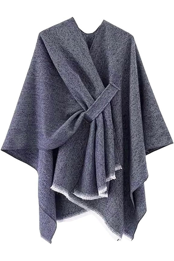 Women Elegant Solid Color Fringe Poncho Open Front Shawl Cape Ultra Warm Wrap for Autumn Winter Season (Navy Blue)