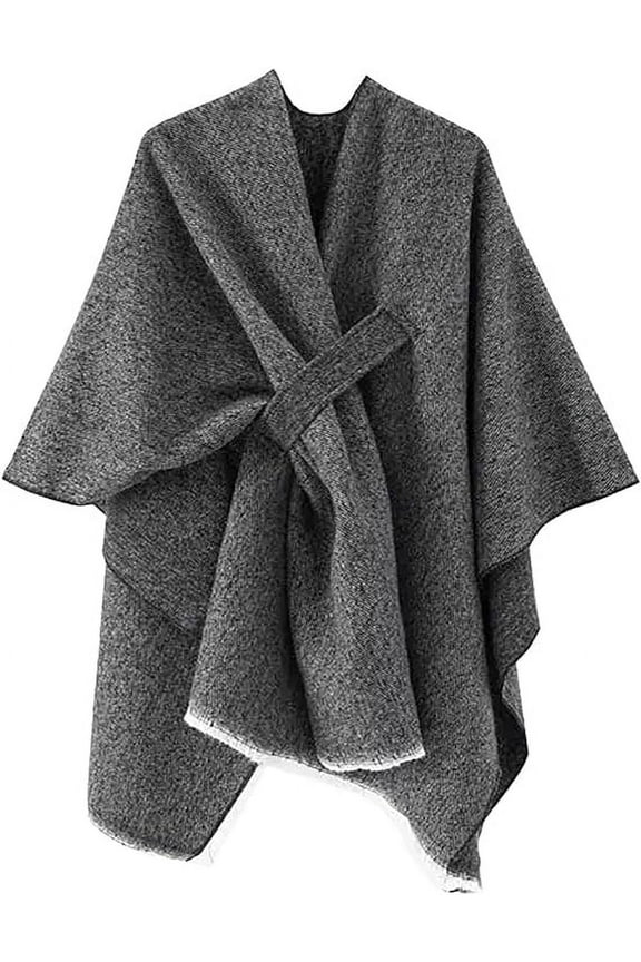 Women Elegant Solid Color Fringe Poncho Open Front Shawl Cape Ultra Warm Wrap for Autumn Winter Season (Slate)